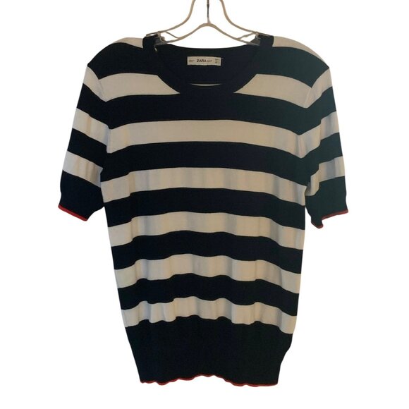 ZARA KNIT White + Black Striped Short Sleeve Crewneck Women's Sweater Medium - Picture 2 of 8